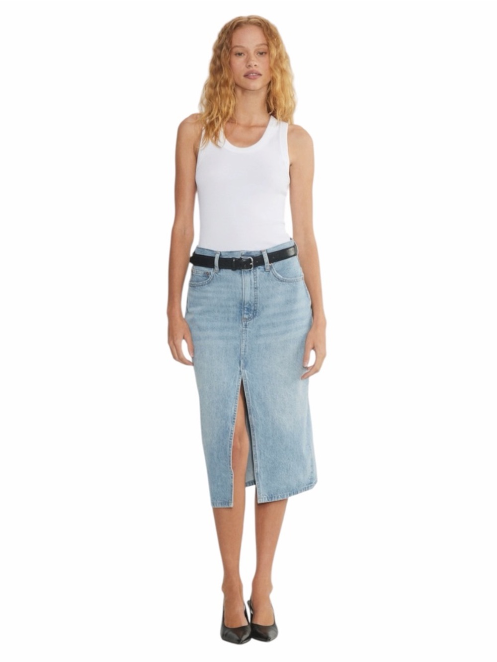 Denim Forum The '90s Halle Denim Skirt Size 31 Midi Length Front Slit